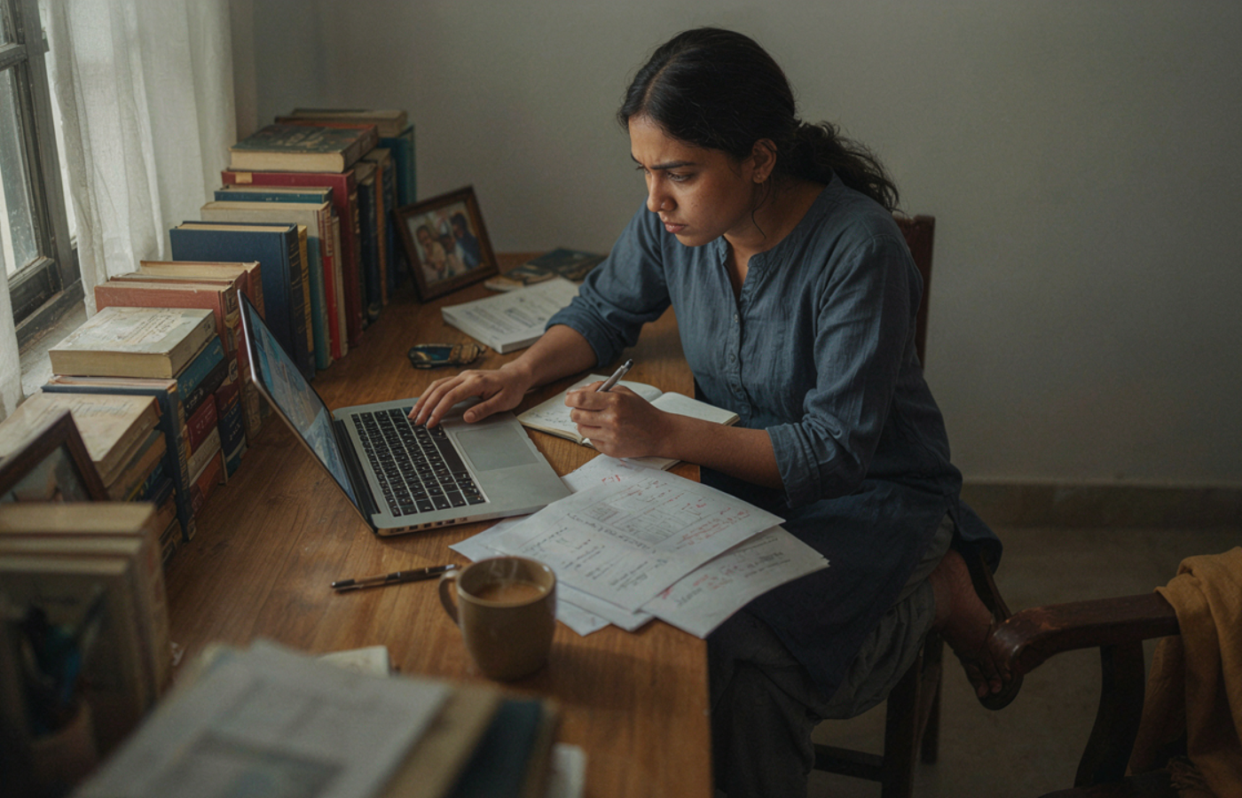 A PhD scholar working alone at their desk with books, laptop and chapter drafts in warm natural light