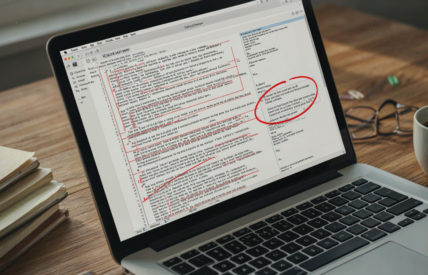 A returned chapter draft on a laptop screen with tracked-change feedback, a single red-pen 'restructure' comment marked