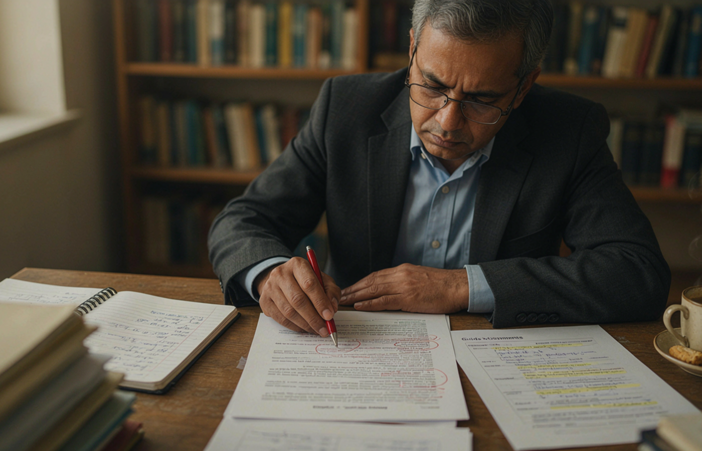 A Delkon mentor sitting with a scholar's chapter and the guide's feedback side by side, marking up the decoding while taking notes