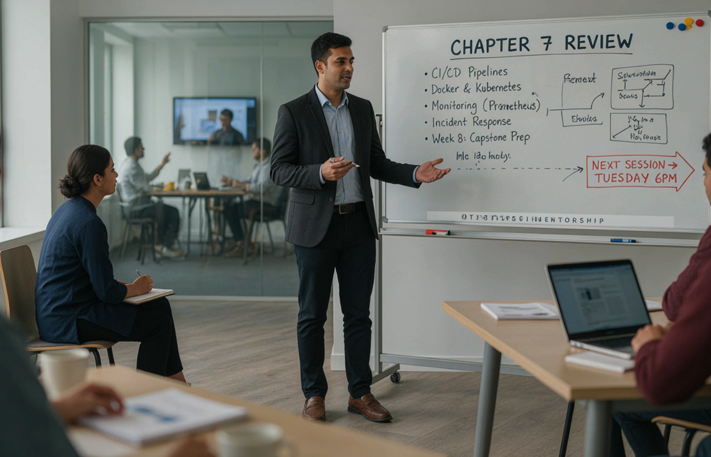 A Delkon weekly mentorship review session in progress, wider shot of one scholar and one mentor reviewing a chapter together